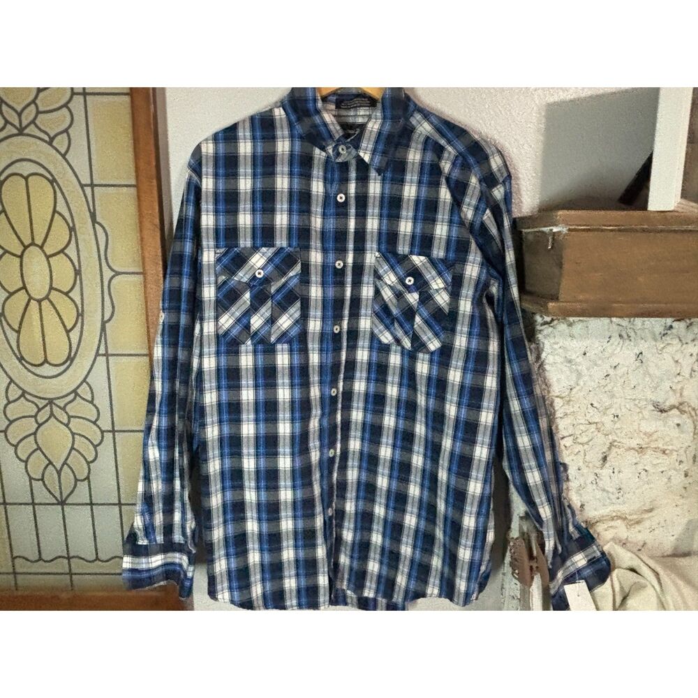 Beverly Hills Polo Club Black Label Blue Plaid Button Down Shirt Size L